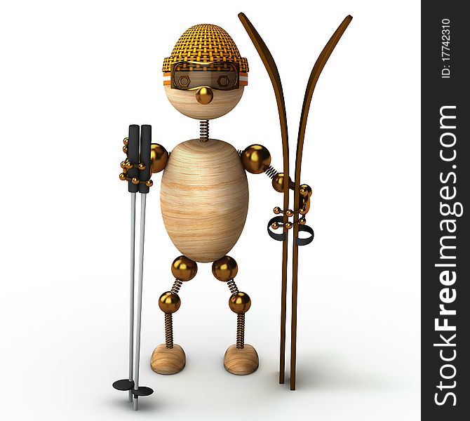Wood man skiing 3d rendered for web