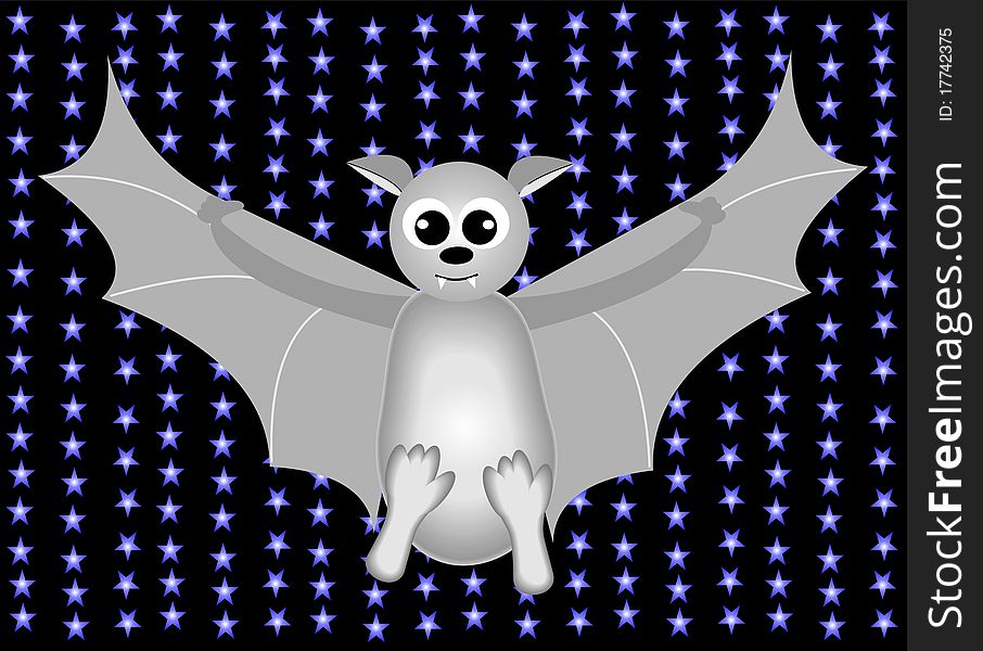 Grey Vampire in a background of blue stars and black sky.