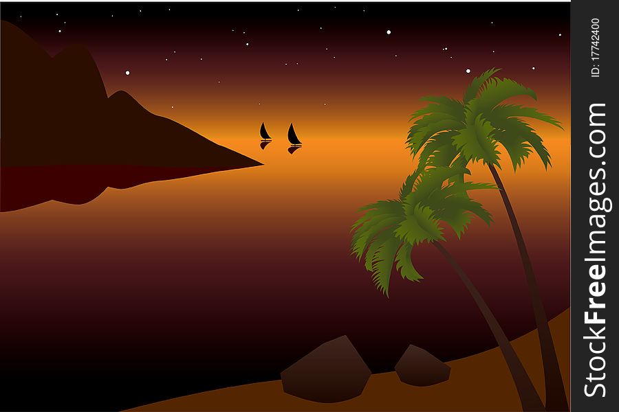 vector illustration of tropical palm beach near the ocean at sunset