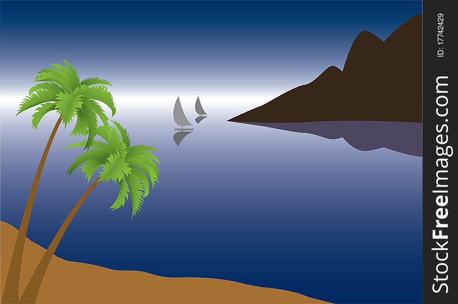 vector illustration of tropical palm beach near the ocean in the morning