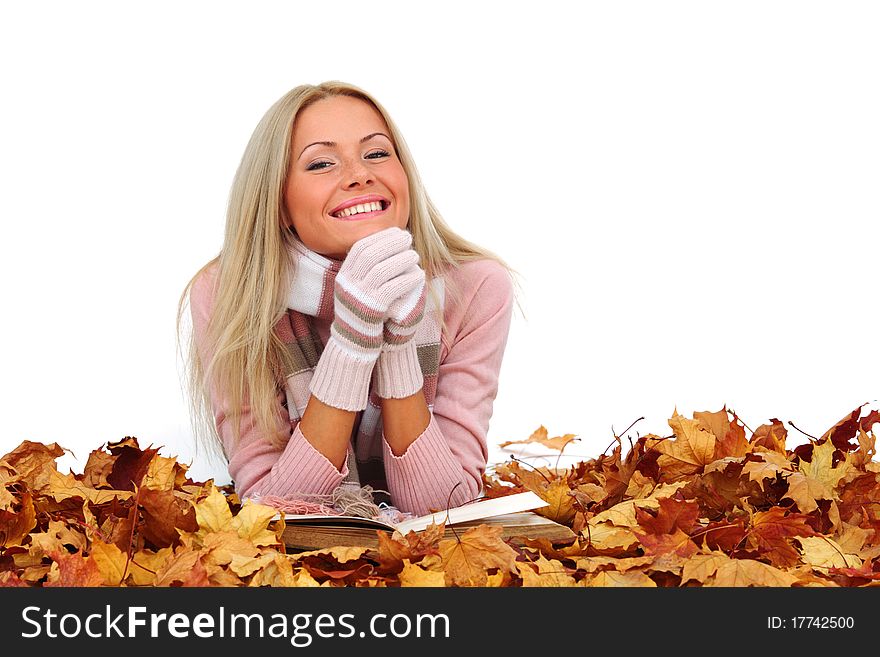 Autumn woman read in studio on leaves