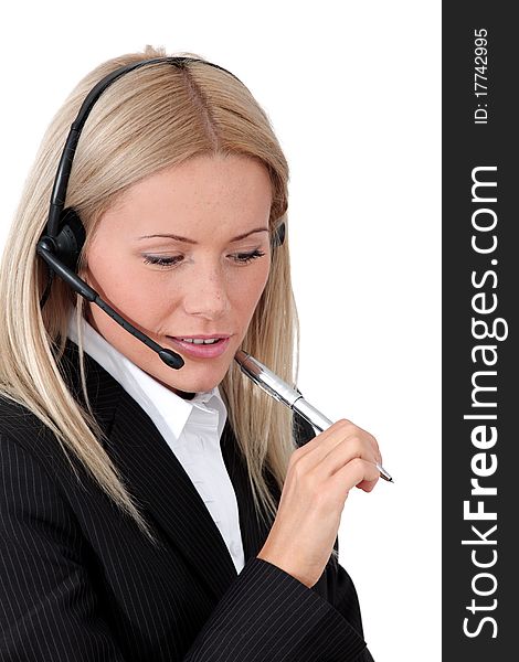 Business woman speak with headset