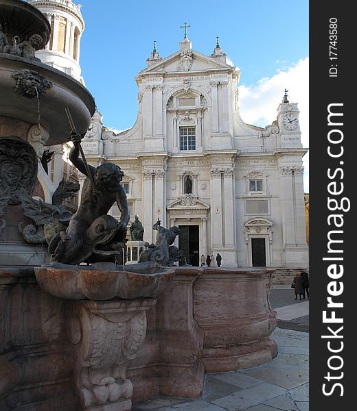 Scene of the central square of Black Madonna  with faÃ§ade of the Basilica. Scene of the central square of Black Madonna  with faÃ§ade of the Basilica