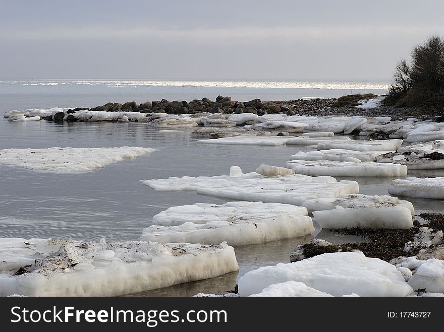 Frost sea landscape from Danish beach close to Little Belt in Jutland.