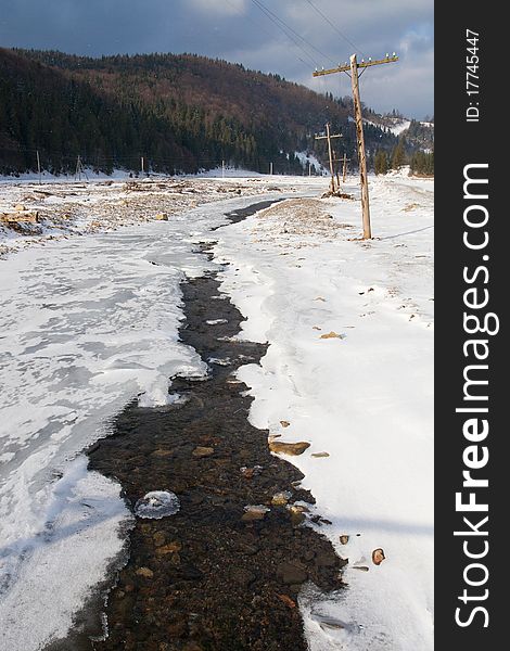 Frozen river on a winter mountain landscape