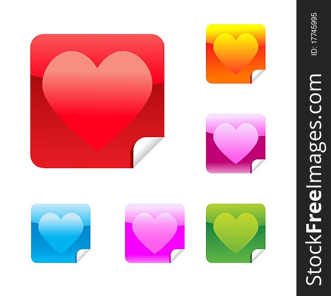 Hearts set of square glossy stickers with corner. Vector illustration. EPS8. Hearts set of square glossy stickers with corner. Vector illustration. EPS8