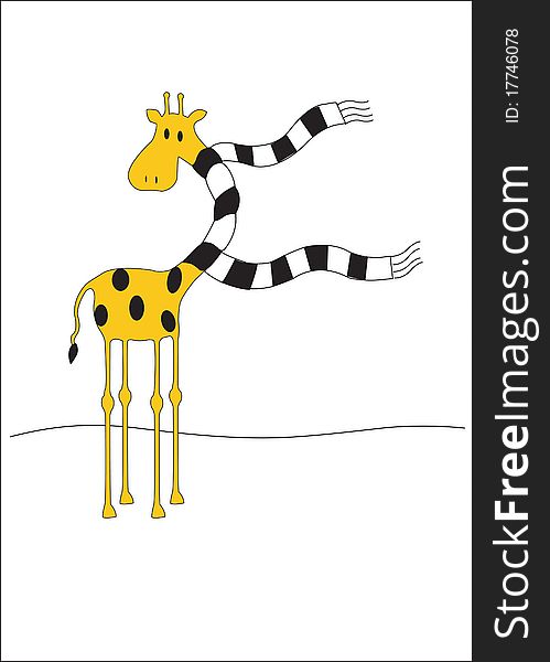 Giraffe wearing a very long black and white scarf. Giraffe wearing a very long black and white scarf