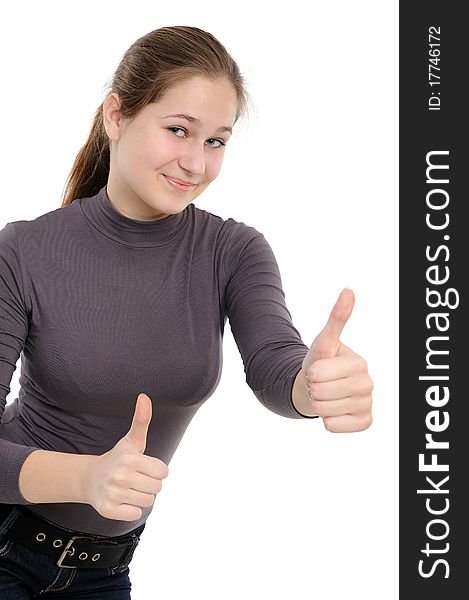 Success girl exposing greater fingers. The excited beauty isolated on a white background.