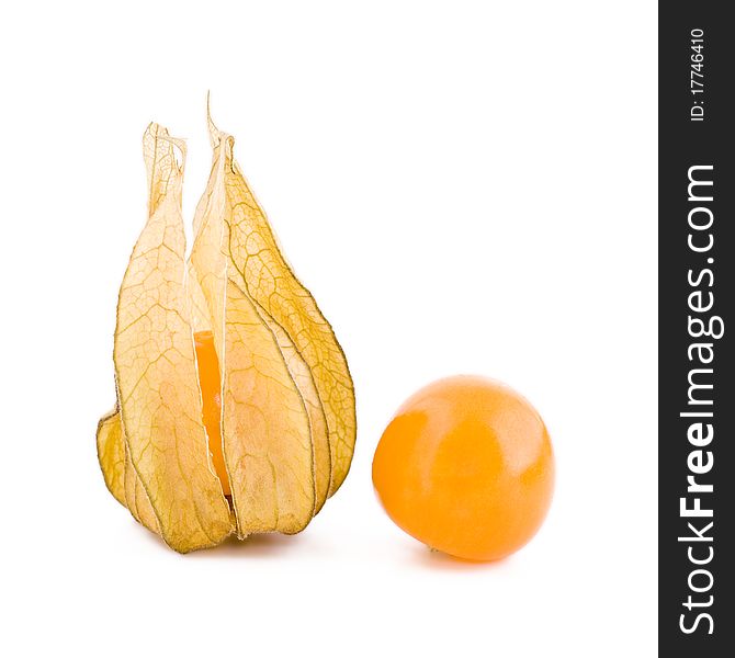 Fresh two physalis fruits isolated on white background, jam-berry