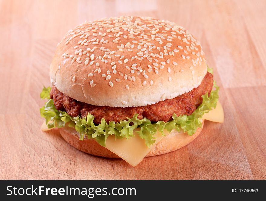 Closeup of a Cheeseburger - ready to eat