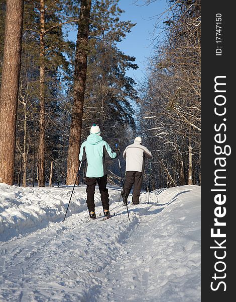 Man and woman walking on ski in winter forest