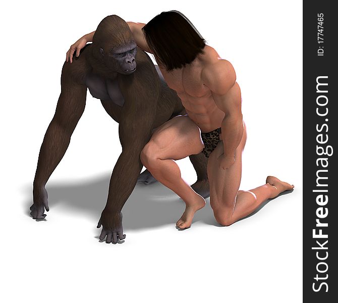 The apeman and the gorilla are ground friends. 3D rendering with clipping path and shadow over white