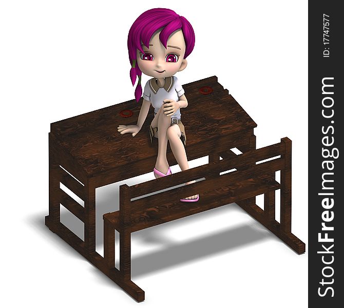 Cute Little Cartoon School Girl Sitting On A