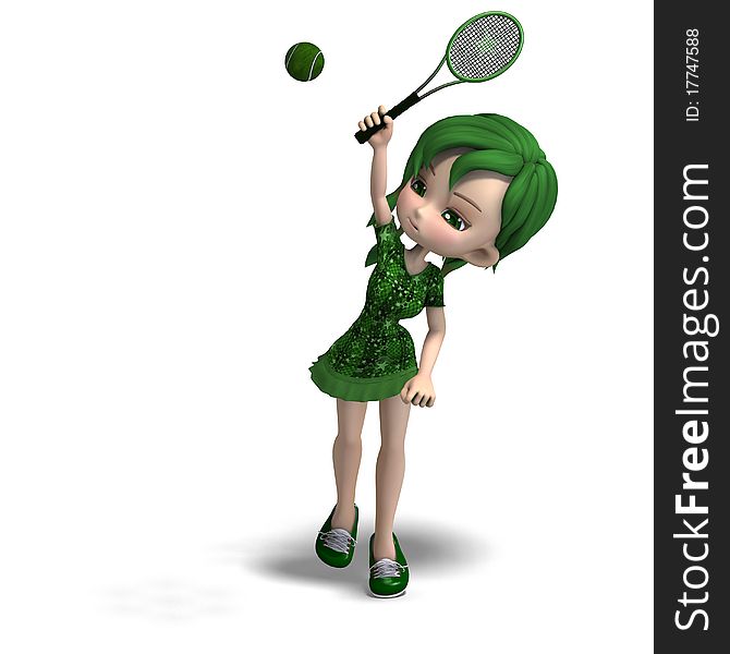 Toon girl in green clothes with racket and