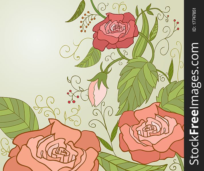 Vector illustration. Sweet Pink Roses inretro style with green leaf