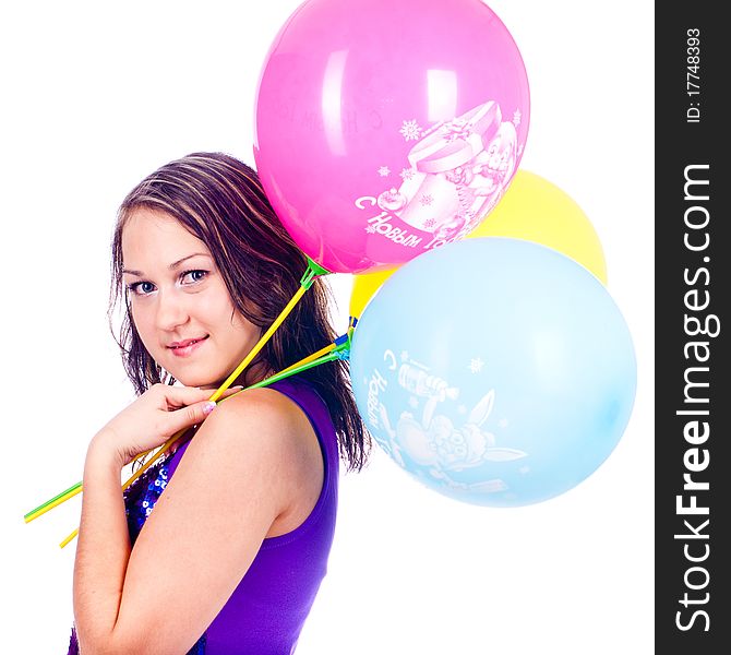 Woman with ballons in studio isolated on white