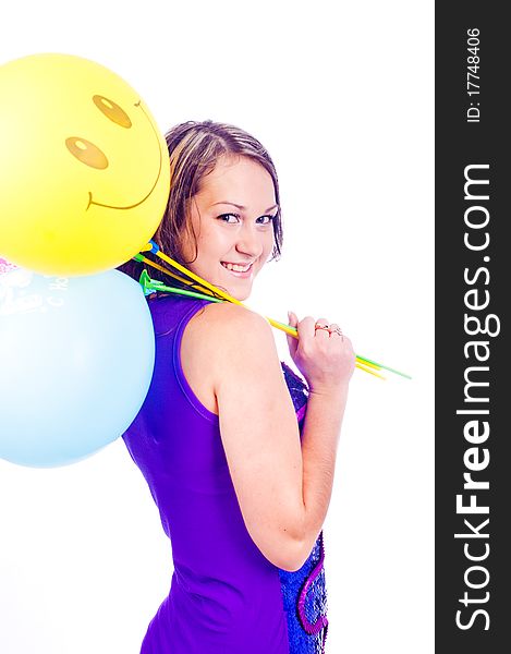 Woman with ballons in studio isolated on white