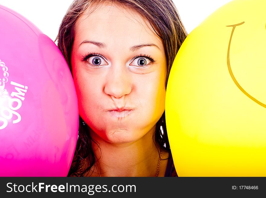 Woman with ballons in studio isolated on white