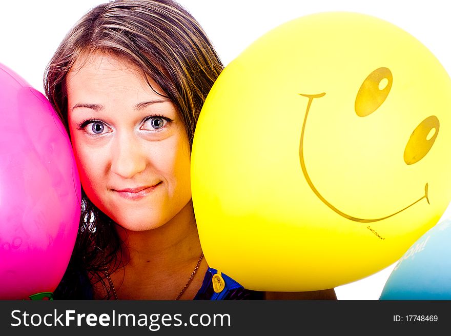 Woman with ballons in studio isolated on white