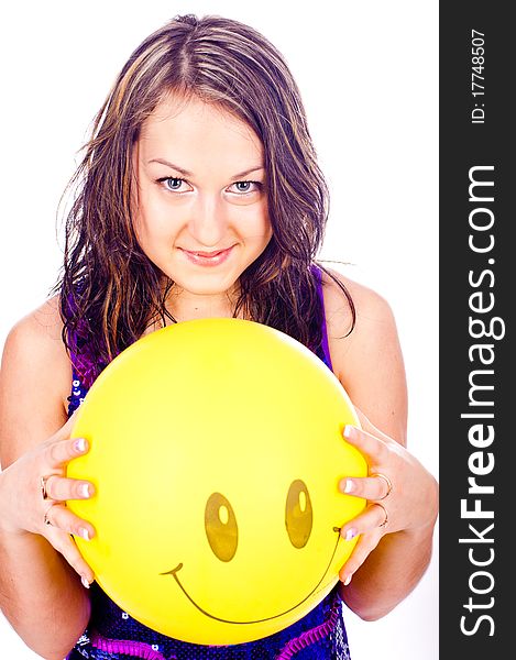 Woman with ballons in studio isolated on white