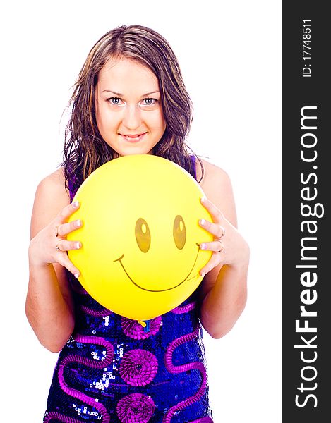 Woman with ballons in studio isolated on white