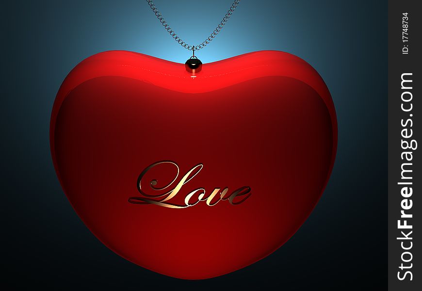 Red glossy heart pendent (valentine) with gold inscription love on blue background. Red glossy heart pendent (valentine) with gold inscription love on blue background.