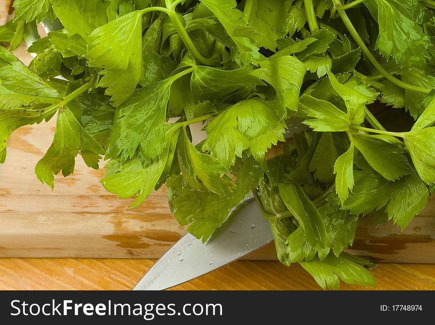 Freshly cut celery leaves on a wooden table with a cutting knife. Freshly cut celery leaves on a wooden table with a cutting knife