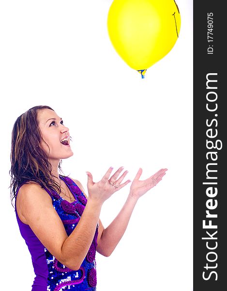 Woman with ballons in studio isolated on white