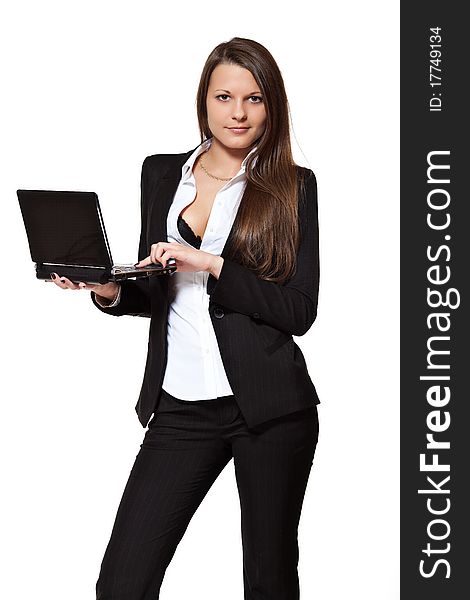 Girl with laptop on white background