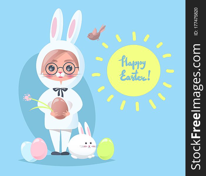 Baby boy in a funny white rabbit costume. Easter greeting card. Cartoon easter bunny. Baby boy in a funny white rabbit costume. Easter greeting card. Cartoon easter bunny