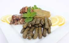 Plate Of Stuffed Zucchini And Vine Leaves Stock Photos