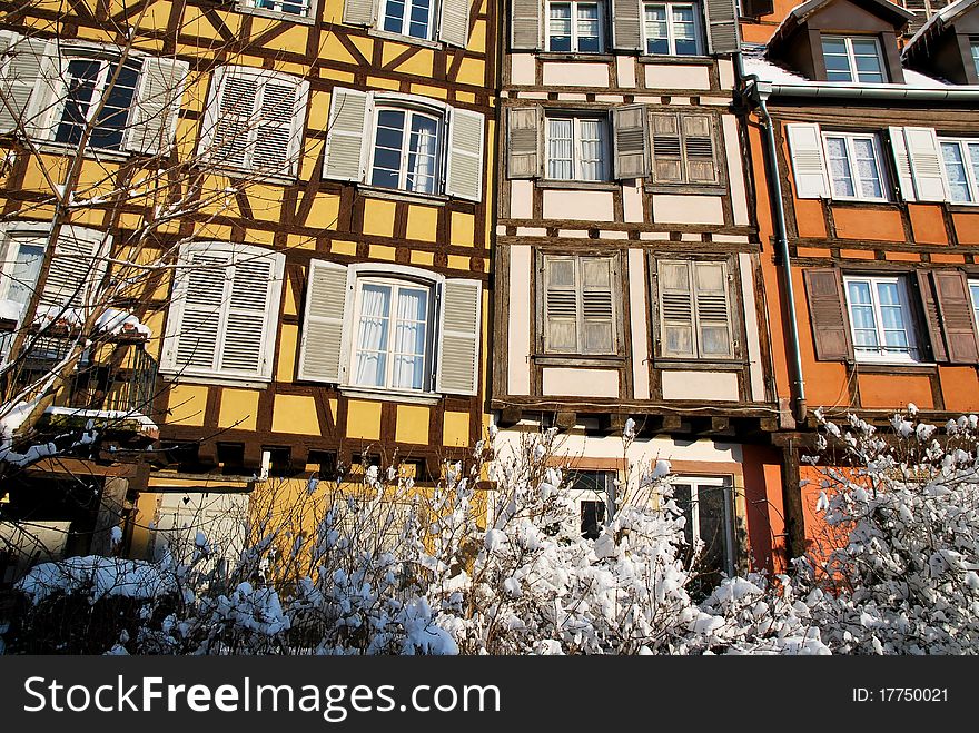 Snow On Houses Of Strasbourg During Winter