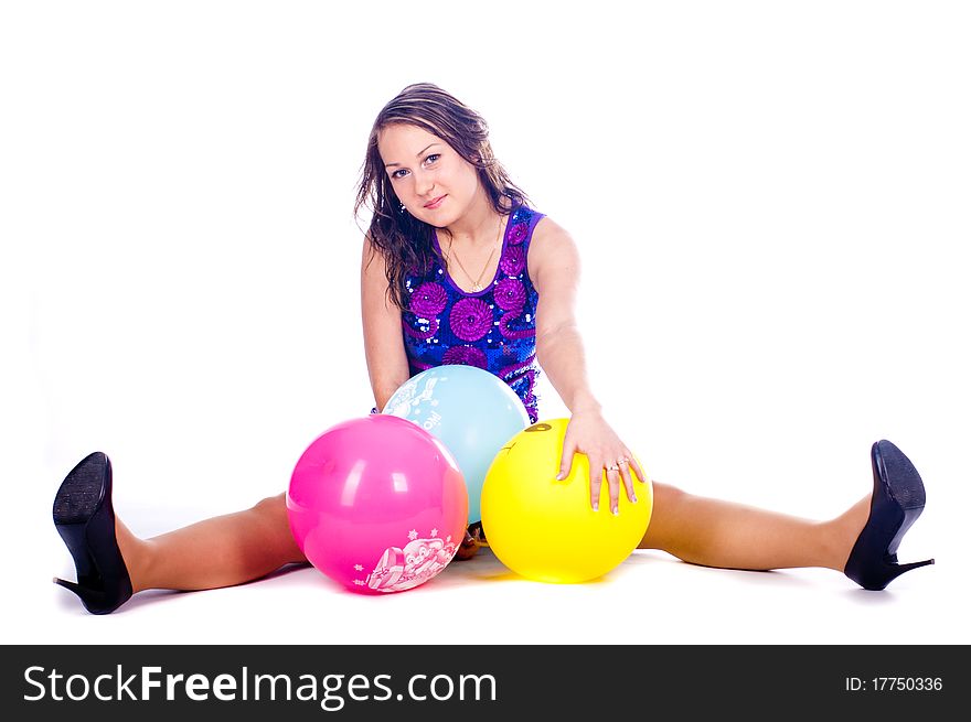 Woman with ballons in studio isolated on white