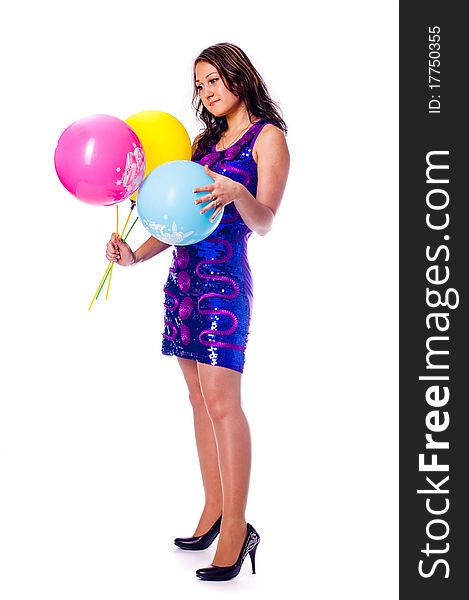 Woman with ballons in studio isolated on white