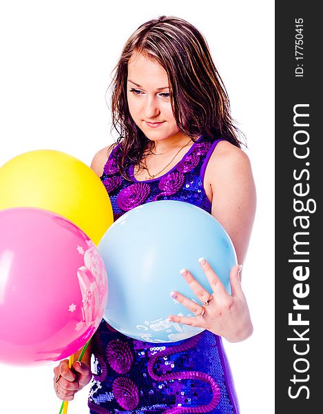 Woman with ballons in studio isolated on white