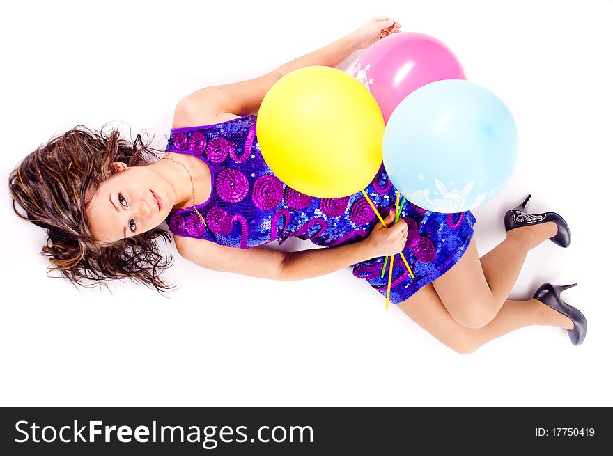 Woman with ballons in studio isolated on white