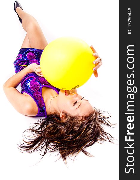 Woman with ballons in studio isolated on white