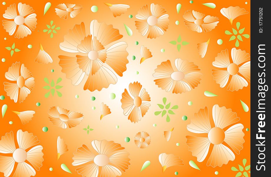 Orange background with flowers, hand drawing, vector, jpg,. Orange background with flowers, hand drawing, vector, jpg,