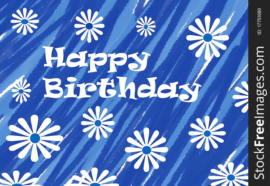 Blue birthday greeting illustration with white flowers