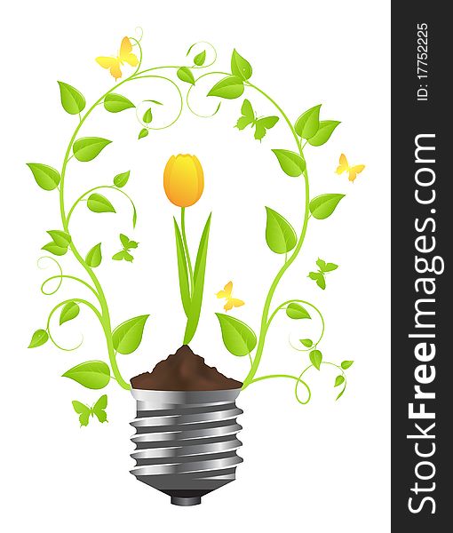 Tungsten light bulb with plant of tulip inside. Isolated on white background. Vector illustration.