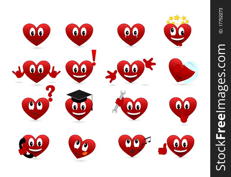 Set of smilies of heart shape with many emotions. Vector illustration.