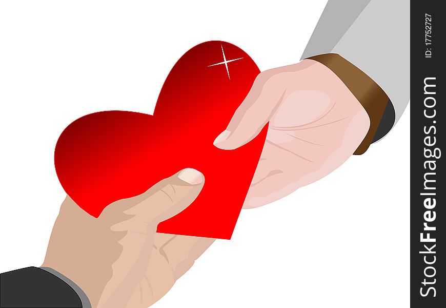 A male hand and a female hand hold a red heart. A male hand and a female hand hold a red heart