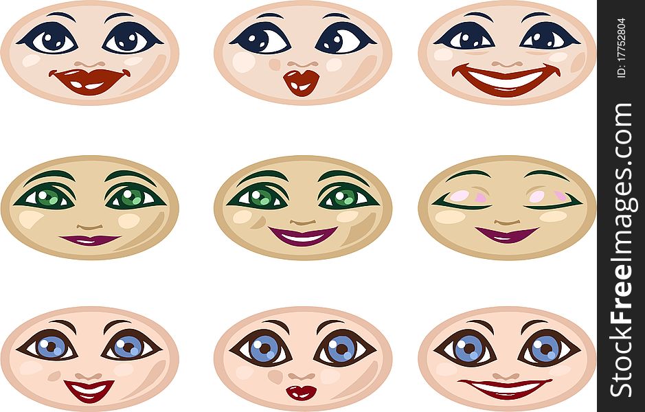 Illustration of woman faces with different facial expressions. Illustration of woman faces with different facial expressions