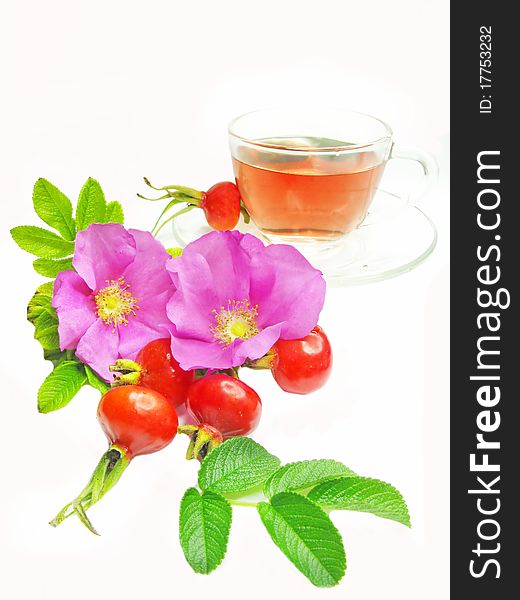 Fruit red tea with with rose hip in glass cup. Fruit red tea with with rose hip in glass cup