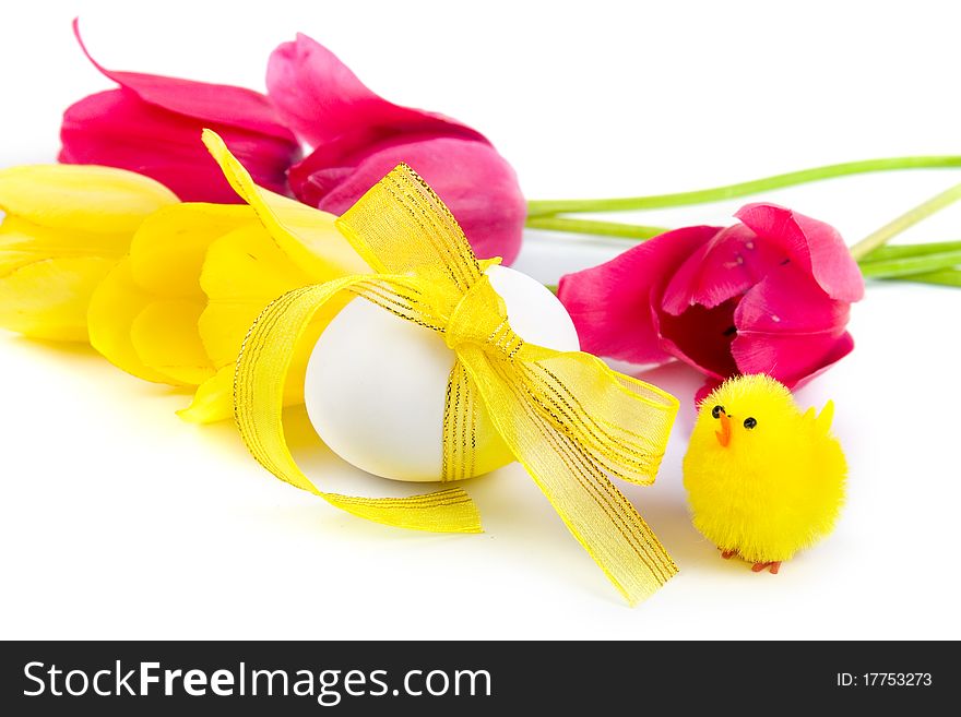 Easter eggs and tulips on a white background