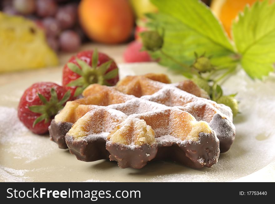 Waffle With Chocolate And Strawberries