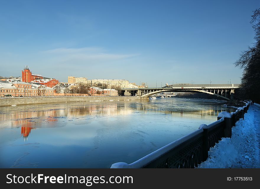 Moscow River and promenade on a clear winter day. Moscow, Russia