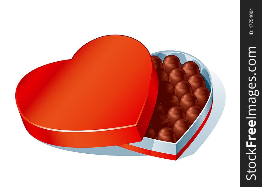 A heart-shaped red box with chocolate sweets. A heart-shaped red box with chocolate sweets.