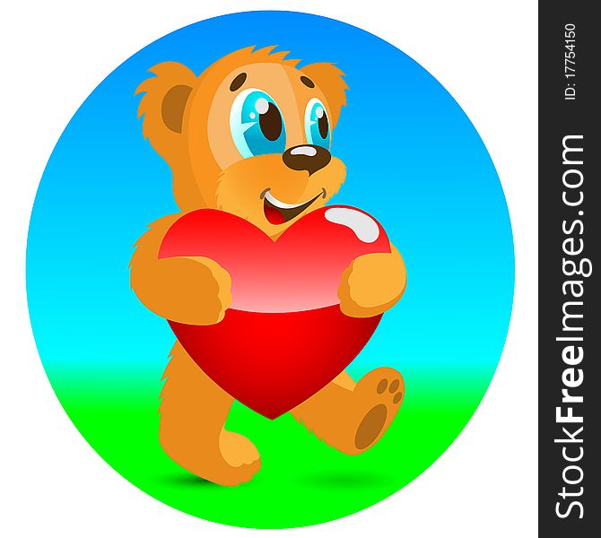 Happy bear with red heart. Vector illustration.