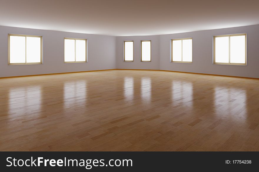 Empty interior with parquet floor (3D rendering)
